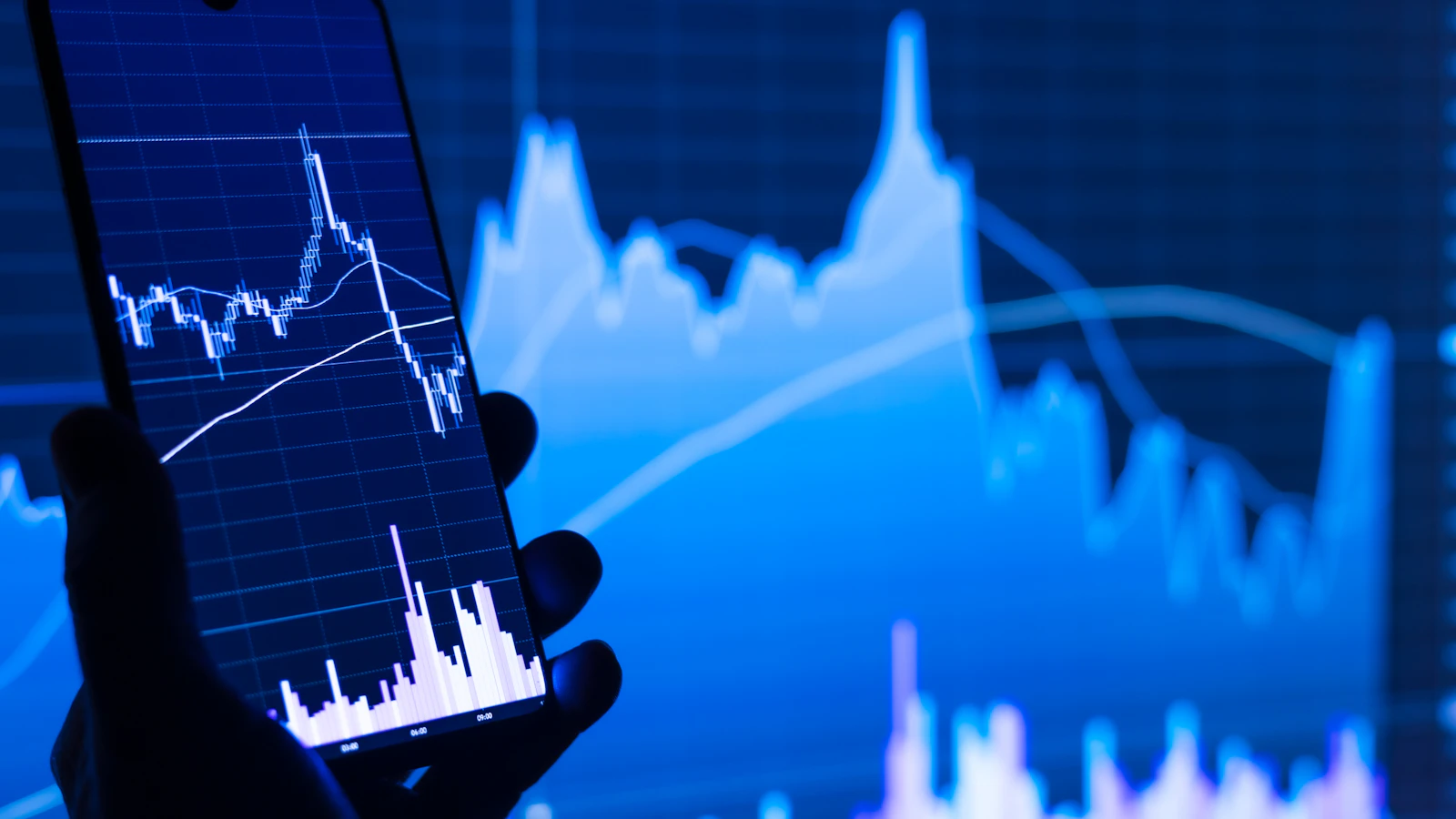 Fiyat grafiğinin önünde cep telefonu tutan bir el